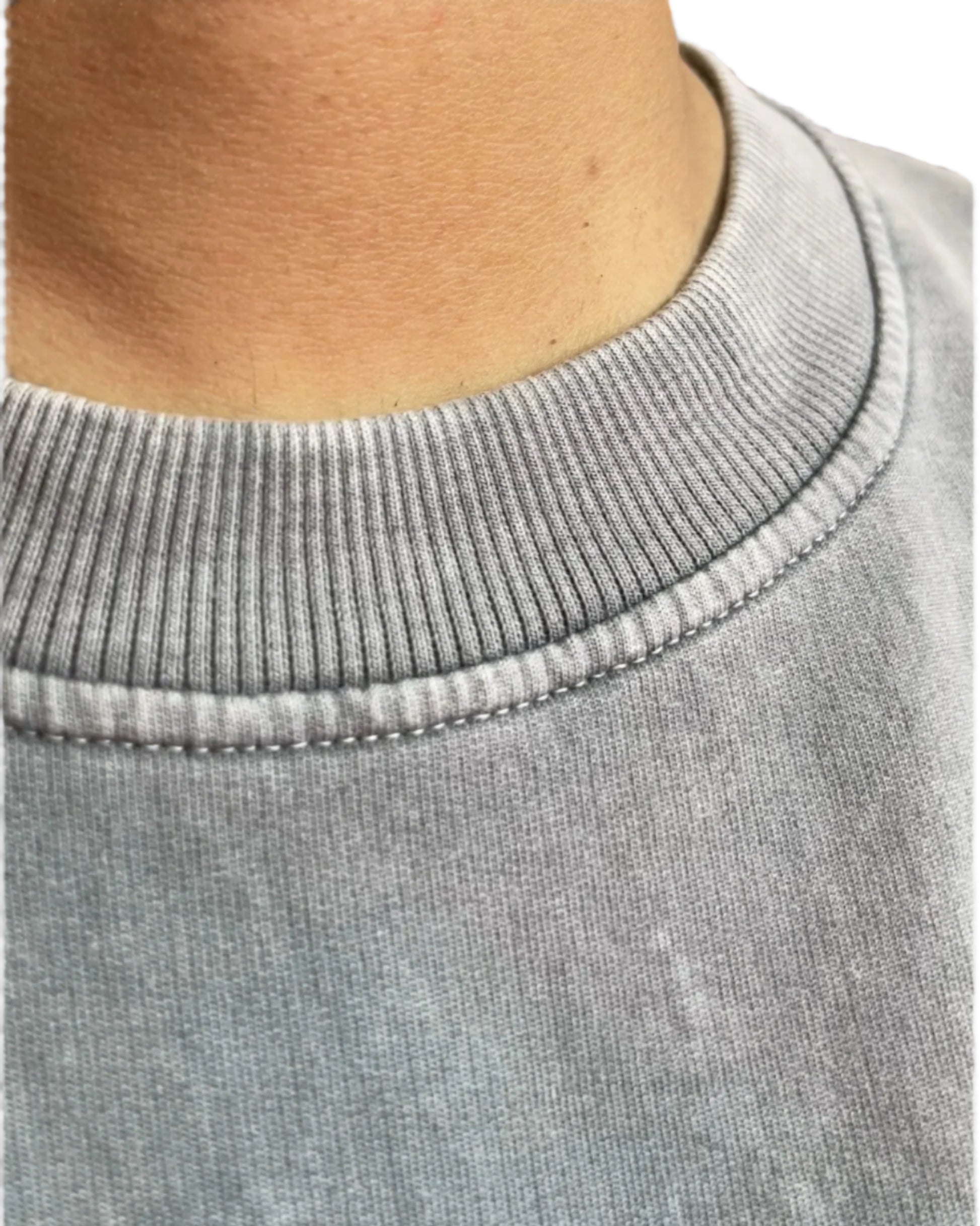 Close-up of a gray sweater collar with a blurred background