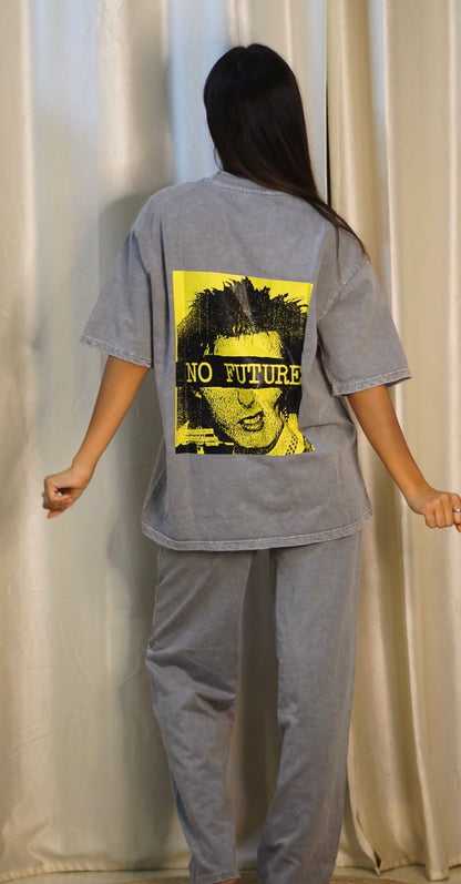 'No Future' Puff Print Acid Wash Co-ord Set
